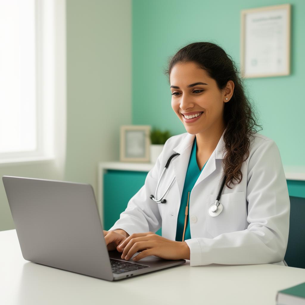 Médica em videoconsulta usando a plataforma CURA